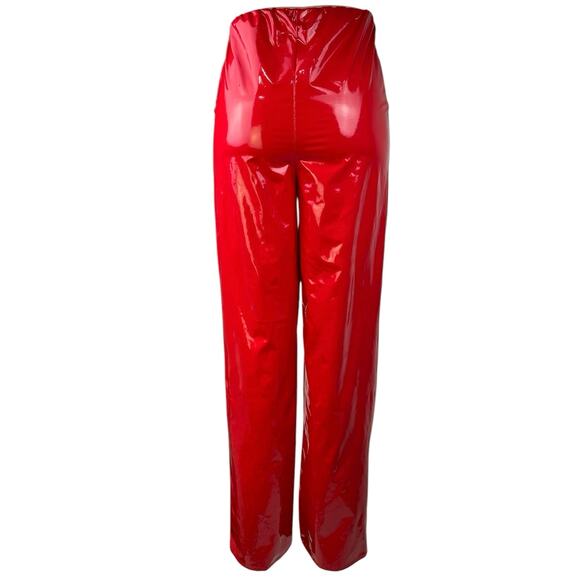 Missguided Red Vinyl High Waist Straight Wide Leg Pull On Trousers Pants Size 4 - Picture 3 of 6